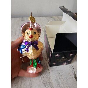 Radko tres chicken chick spring hen bonnet ornament glitter pink glass Xmas tree